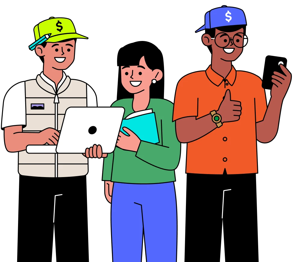 Three people learning to trade on computer and phone