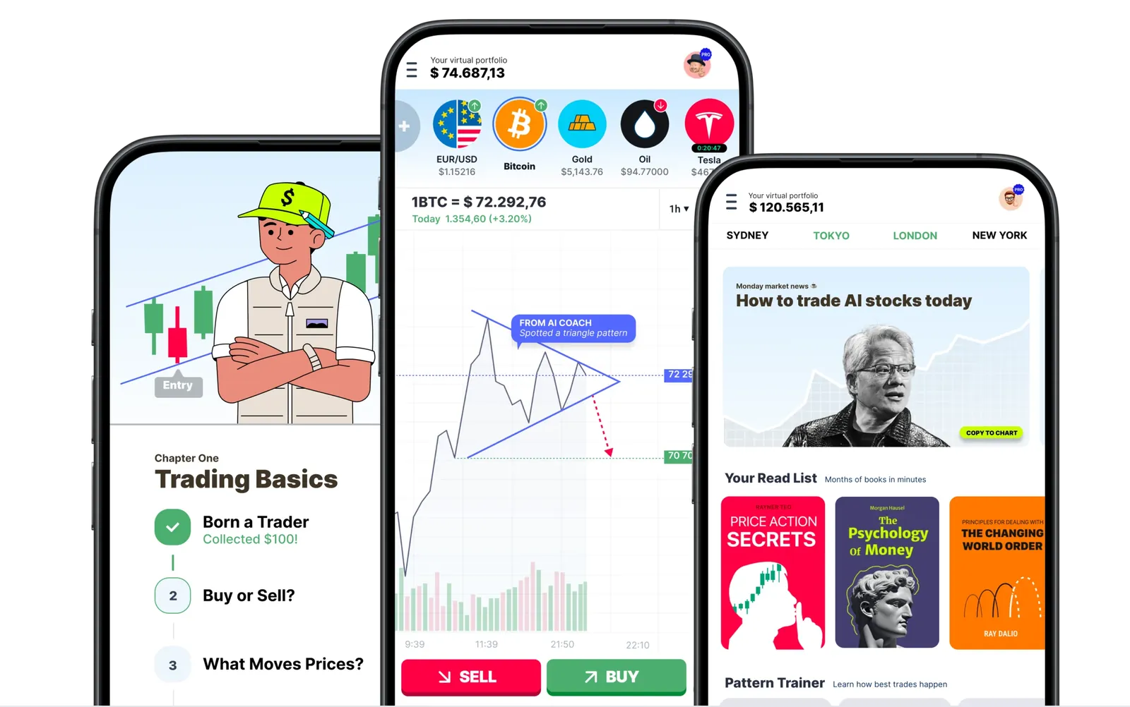 Trading Game app, stock market learning simulator with academy lessons and AI coaching