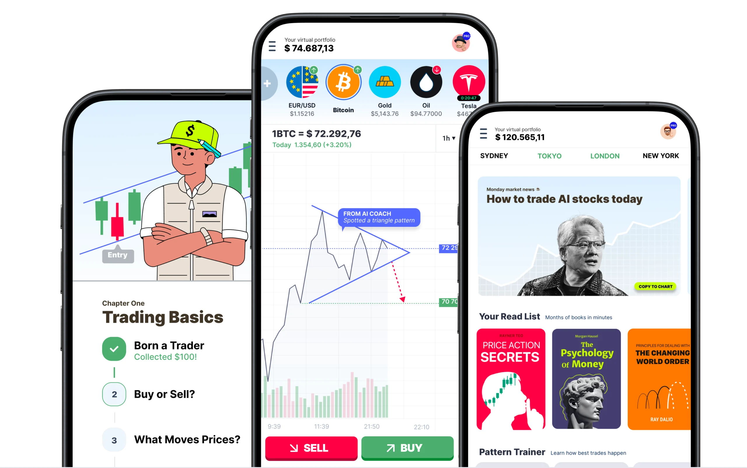 Trading Game app, stock market simulator with academy lessons and AI coaching